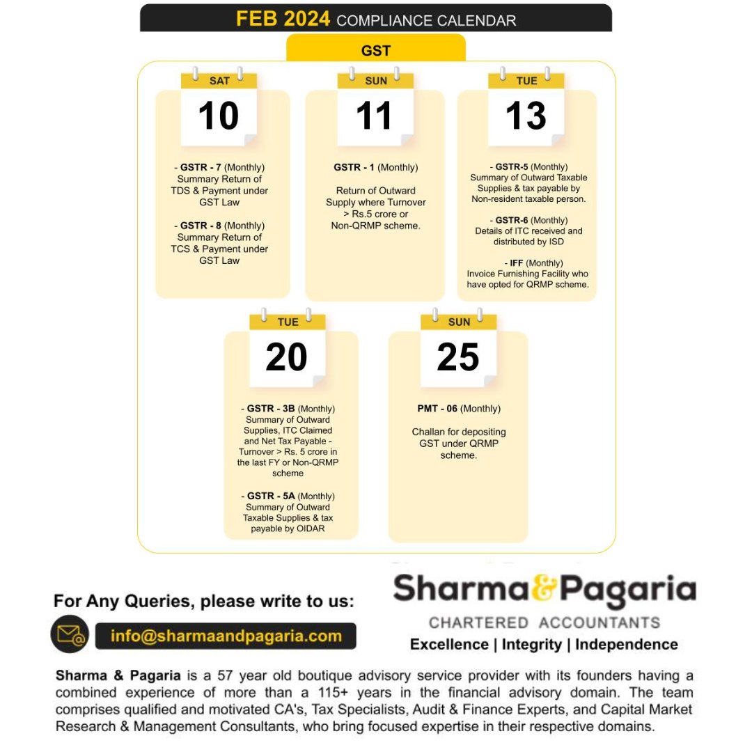 sharmapagaria's tweet photo. We have listed the key reporting forms and due dates on our corporate #ComplianceCalendar for February 2024.

Get in touch with our experts at +91 9611719707 or visit our website https://t.co/nuKt5CgsBa for more info on company #compliances.

#ComplianceMatters #Budget2024 #Tax https://t.co/v3Qb8kx7vY