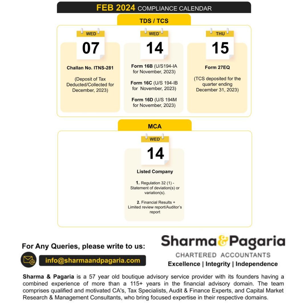 sharmapagaria's tweet photo. We have listed the key reporting forms and due dates on our corporate #ComplianceCalendar for February 2024.

Get in touch with our experts at +91 9611719707 or visit our website https://t.co/nuKt5CgsBa for more info on company #compliances.

#ComplianceMatters #Budget2024 #Tax https://t.co/v3Qb8kx7vY