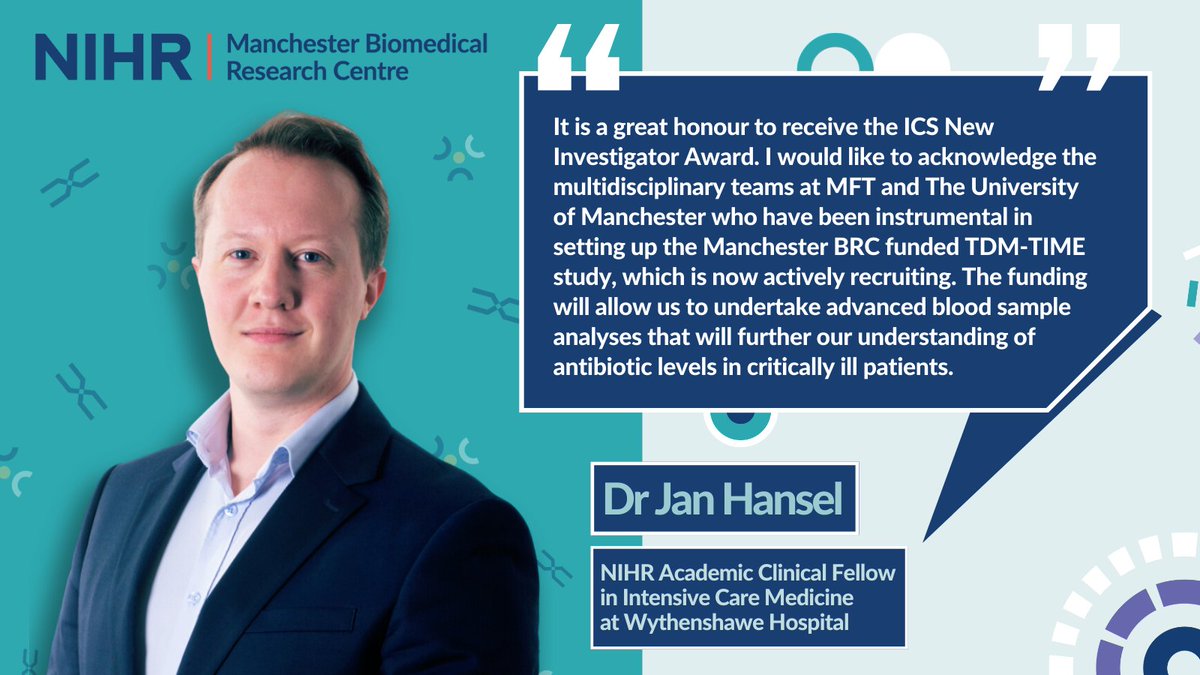 Congratulations to Dr Jan Hansel on winning the @ICS_updates New Investigator Award 🏆. The BRC-funded therapeutic drug monitoring study asks if a 'one size fits all' approach to antibiotic dosing in ICU can be improved. Read Jan's blog on this study 👇 manchesterbrc.nihr.ac.uk/news-and-event…