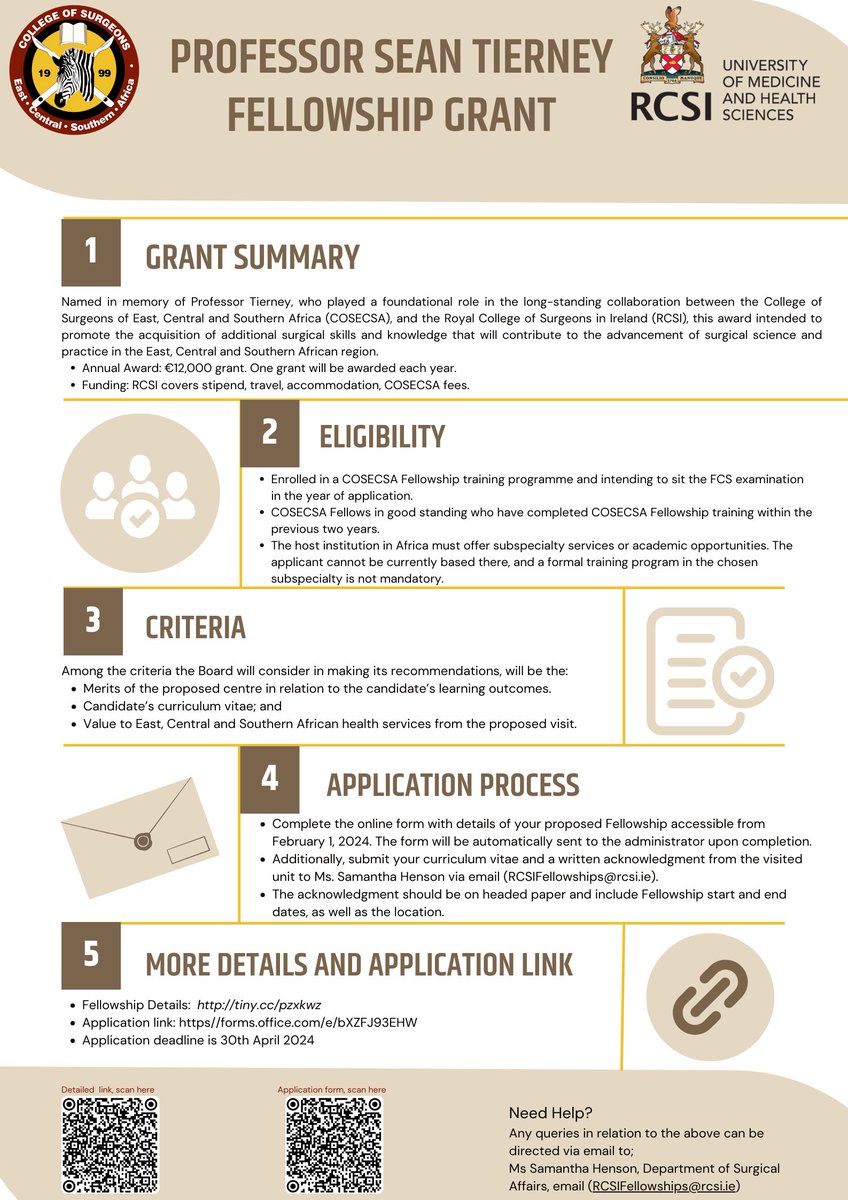 Thrilling! We're introducing the Professor Sean Tierney Training Fellowship Grant—a prestigious opportunity aimed at enhancing surgical expertise in Africa. Is named in honor of Prof. Tierney, recognizing his pioneering contributions to the @rcsi_cosecsa collaboration initiative!