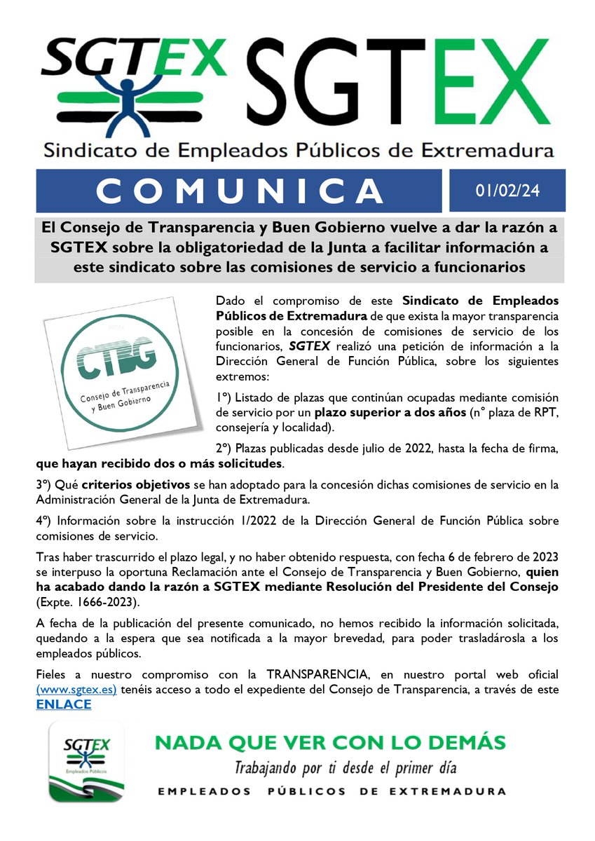 SindicatoSGTEX's tweet photo. #EmpleadosPúblicos #Extremadura
El Consejo de Transparencia y Buen Gobierno vuelve a dar la razón a #SGTEX sobre la obligatoriedad de la Junta a facilitar información a este sindicato sobre las comisiones de servicio a funcionarios https://t.co/tqnYVXRsC9 https://t.co/GloD5E6Z6X