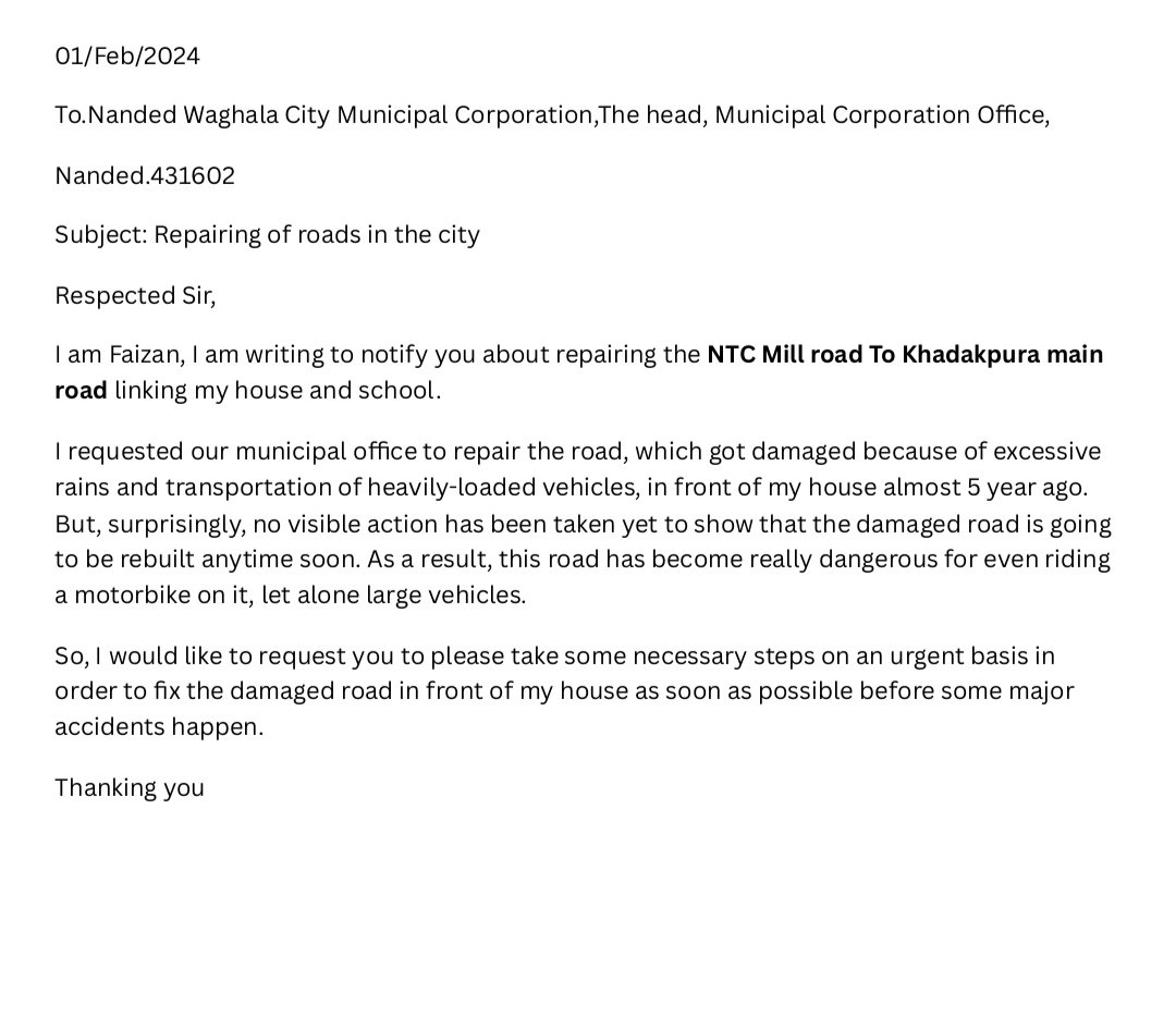 faizanzworld's tweet photo. Sir please build the road. I hope that the road will be built soon and you will have received my letter.
I hope the work will be done soon.
@nwmcnanded @collectornanded
@MORTHIndia
#Buildtheroad #Nanded https://t.co/wafOxKcLQL