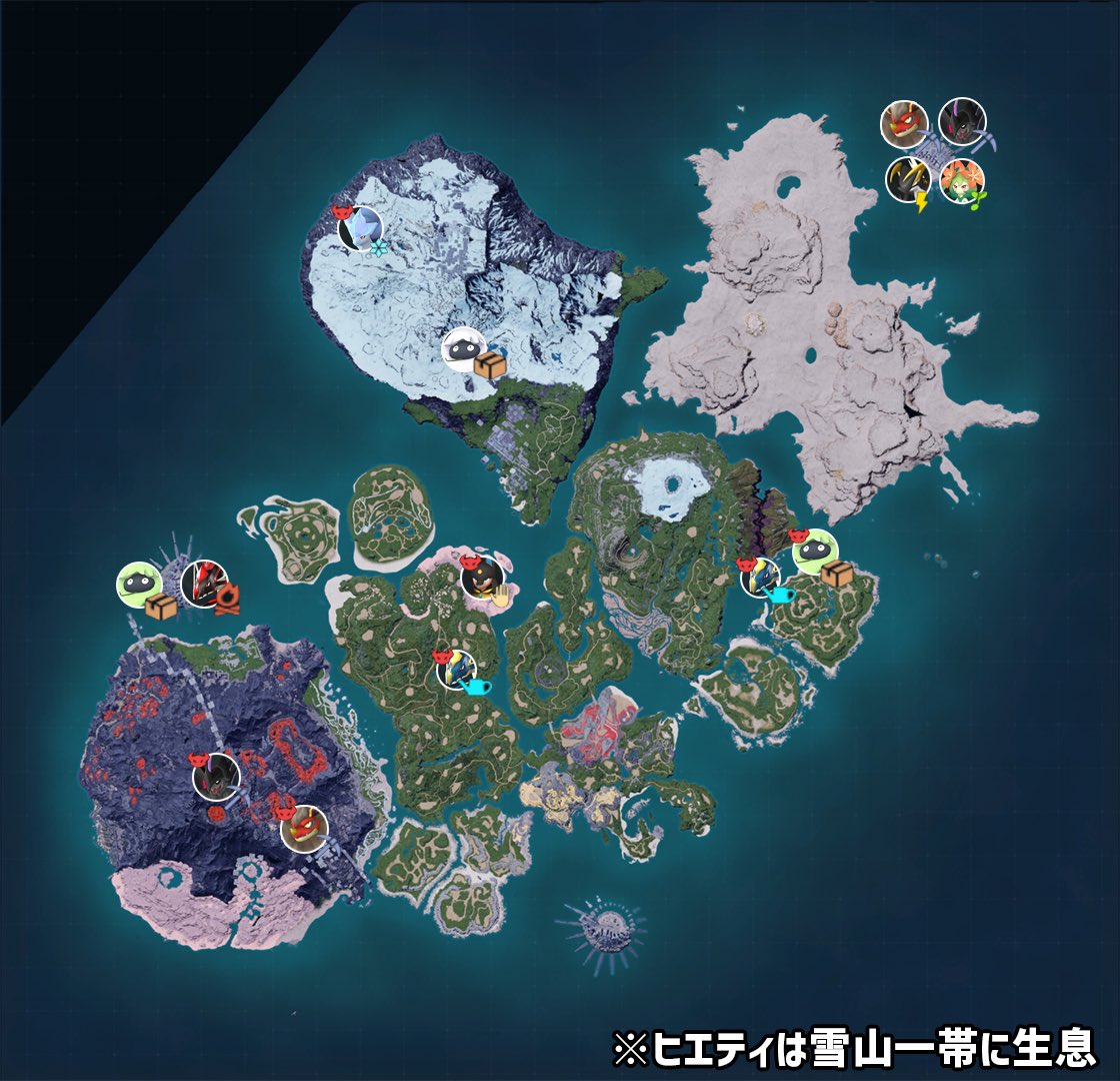 PalworldES's tweet photo. Mapa para encontrar los Pals con mejores cualidades para la base (Nivel 4). https://t.co/cqd5DrksGn