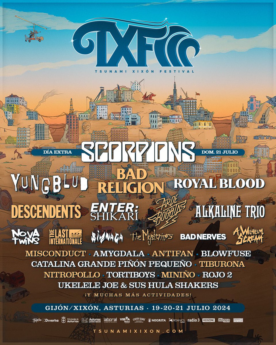 ¡Así queda el cartel de TSUNAMI XIXÓN FESTIVAL 2024! 🌊 Un cartel que arrasará Xixón como una gran ola pero dejará la ciudad llena de lo más importante para nosotros: mucho rock y mucho punk 🤘🏽😉