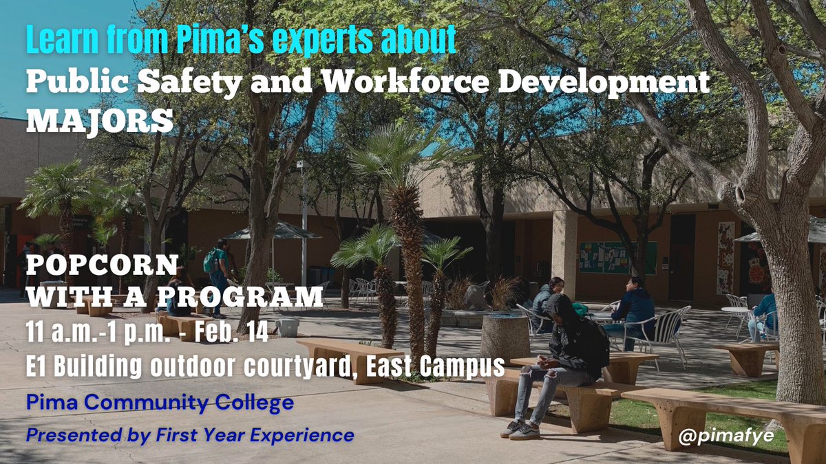 pimatweets's tweet image. #pimacommunitycollege @pimafye Popcorn With A Program kicks off spring semester 11 a.m.-1 p.m. Feb. 14 at East Campus, featuring the Public Safety and Workforce Development meta-major: ow.ly/tRUe50QwyF5
@pimastudentlife #pimapublicsafety #pimaccworkforce