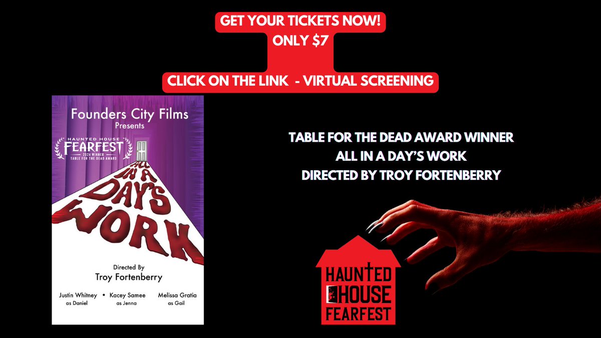 Dive into love's shadows this Valentine's Day! 💔 Secure your spot for our Date, Mate, Dine in Fear Virtual Screening featuring 'All in a Day's Work,' the Table for the Dead Award Winner Directed by Troy Fortenberry. Tickets just $7. loom.ly/xB1aqcI #virtualscreening