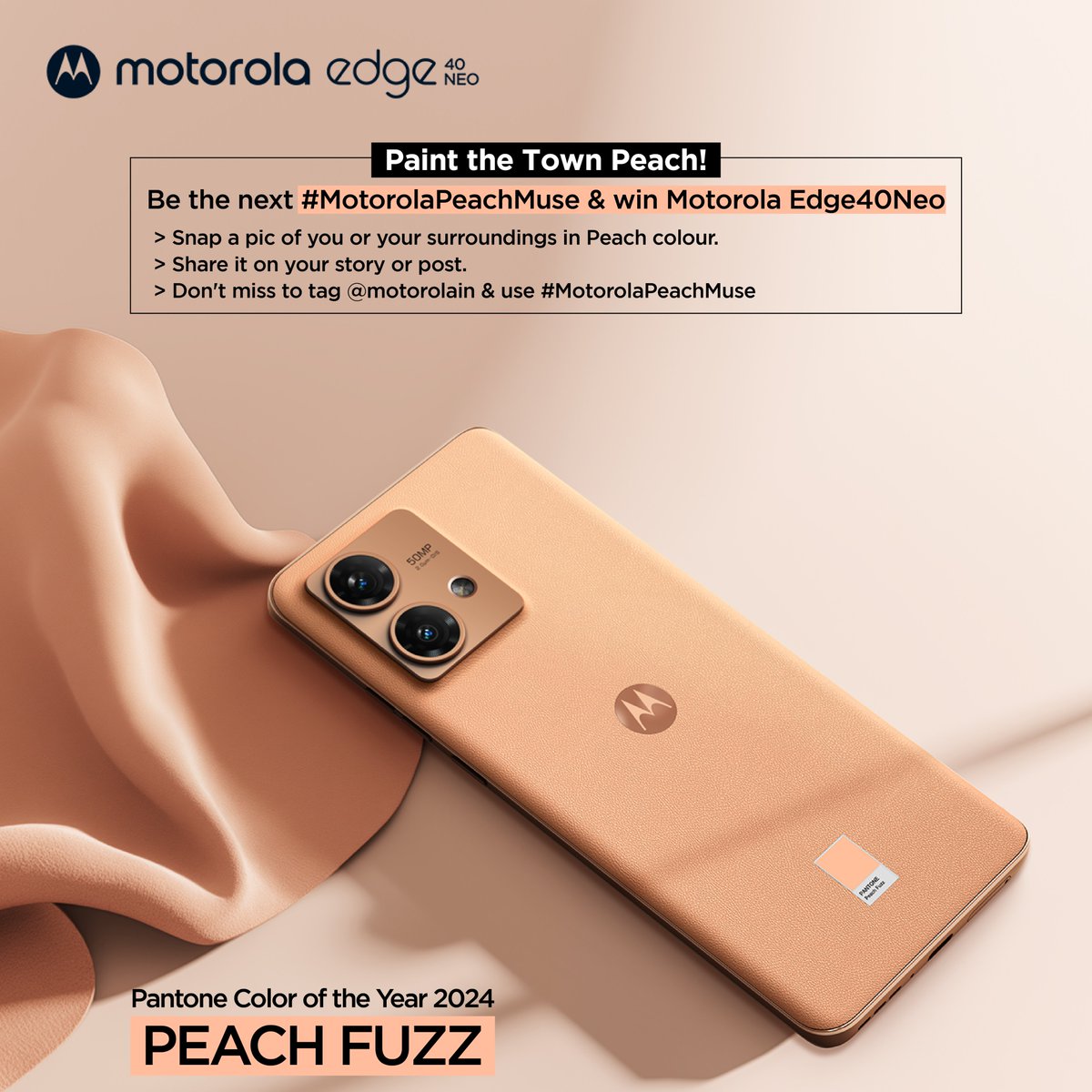 motorolaindia's tweet photo. Snap, tag, win! Become the #MotorolaPeachMuse and stand a chance to win the incredible #MotorolaEdge40Neo. 📸 
Follow the steps on our Instagram handle and let the peachy vibes begin!

#HelloMotoPeachFuzz #MotorolaPeachFuzz #MotoxColourOf2024 #HelloMotoHelloColor https://t.co/2szVvwebt2
