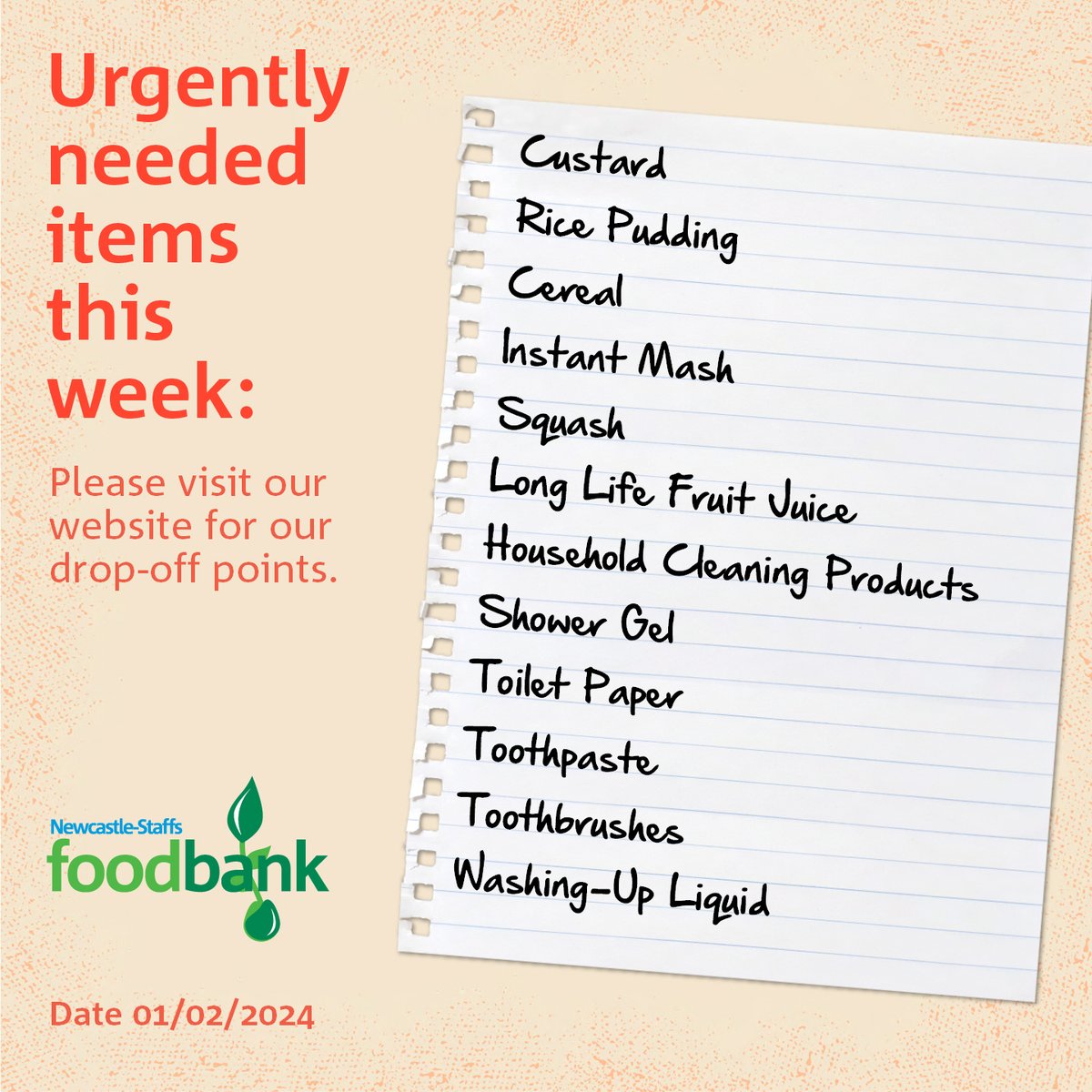 Looking to make a #foodbank donation? We rely on donations to provide vital help while working in the long-term towards a #HungerFreeFuture.

We are currently running low on the items listed below. Thank you!💚
