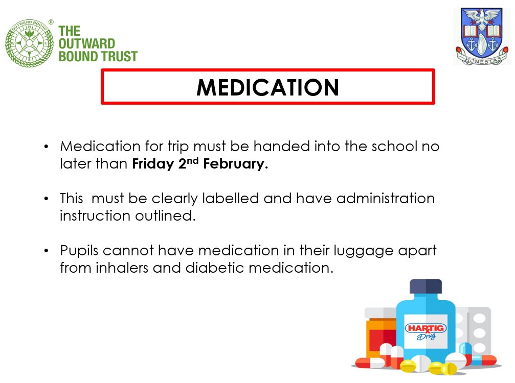 Students &amp; Parents,  There are only 5 DAYS until we depart for our Ullswater Residential 2024 on Monday 5th February.  Over the next few days I will posting a few reminders.   Today’s reminders are Medication and Kit List. If you have any questions, please contact the school.