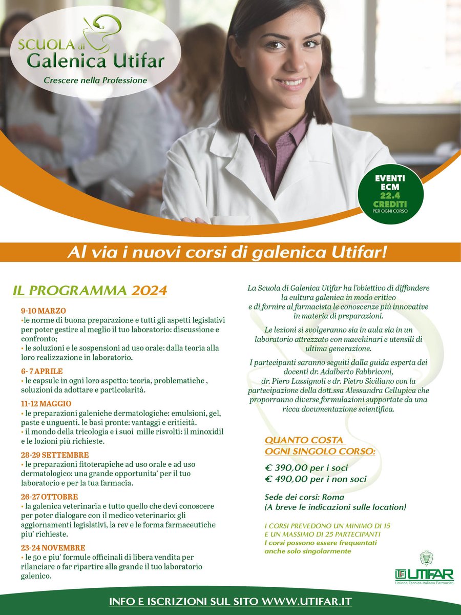 RIPARTE LA SCUOLA DI GALENICA UTIFAR!
I NUOVI CORSI A PARTIRE DA MARZO!
A breve ci sarà la possibilità di iscriversi al primo incontro, troverete gli aggiornamenti sul sito utifar.it.