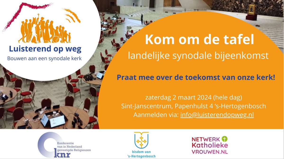 Praat mee over de toekomst van onze kerk! 

Kom om de tafel tijdens de landelijke synodale bijeenkomst op zaterdag 2 maart 2024 in ‘s-Hertogenbosch.

Deze dag is een initiatief vanuit het project @Luisterendopweg.
Voor meer informatie 👇

bisdomdenbosch.nl/kom-om-de-tafe…