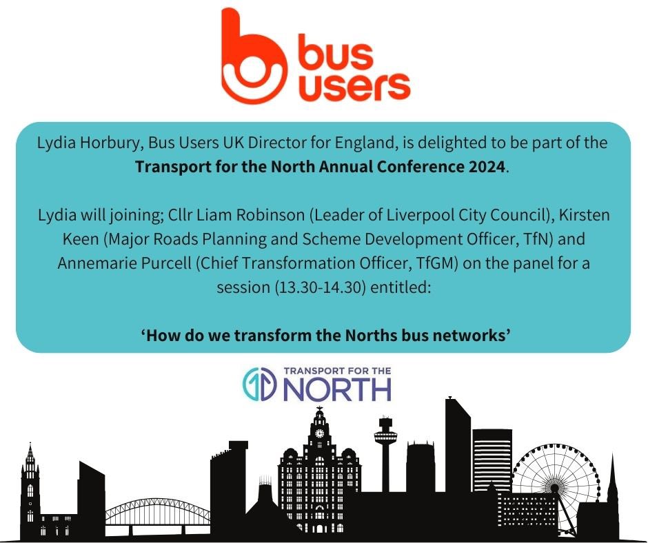 LydiaBusUsers's tweet photo. Really looking forward to the Transport for the North annual conference on Mon!
Excited about engaging in a dynamic discussion on revitalising and transforming bus services in the North. Please come and say hello!
@BusUsersUK #betterbuses #busisbetter #northernpowerhouse https://t.co/tx5e8UrWOO