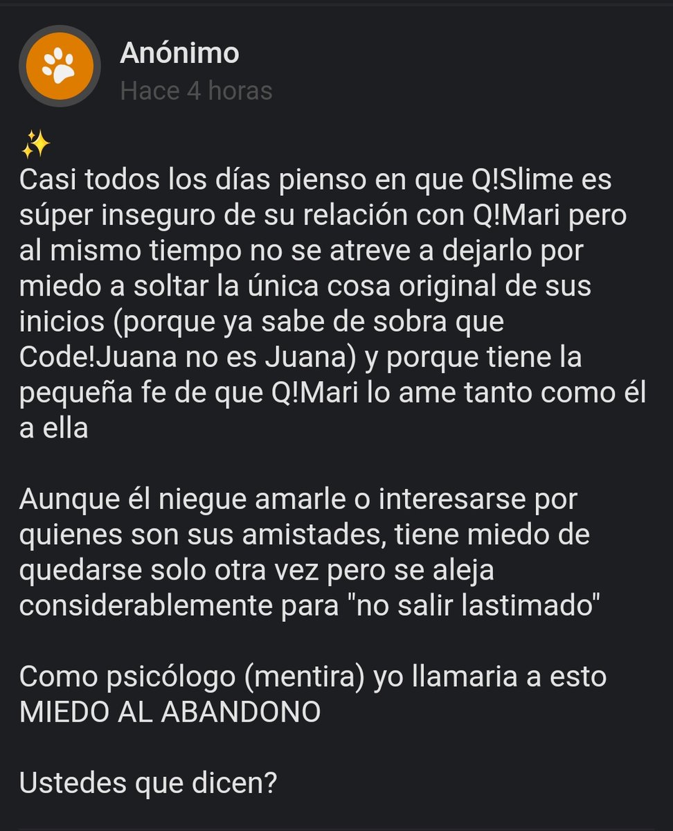 Pienso algo parecido, creo que q!Slime no es inseguro solo en su relación sino en general 😿 y se nota que la ausencia de su esposa por mucho tiempo le afectó mucho, ¿Qué opinan ustedes? –🫐