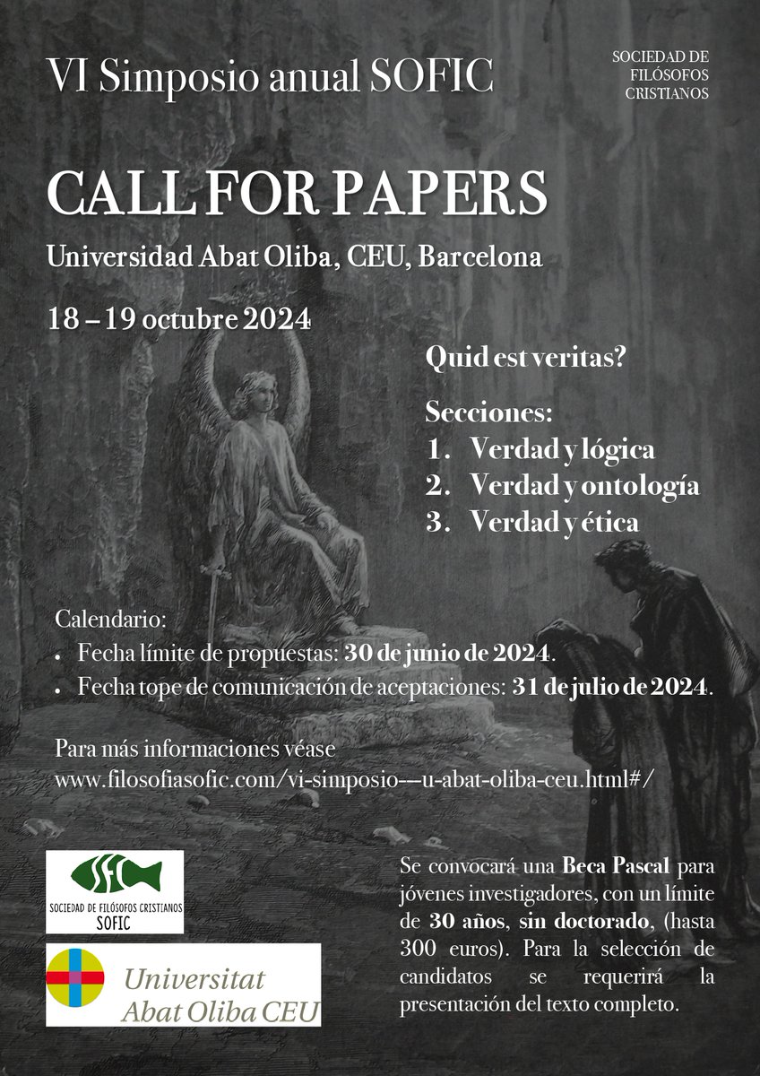 SoFiC_es's tweet photo. ¡Ya tenemos el #callforpapers para el VI Simposio SOFIC! El congreso internacional se celebrará en Barcelona, en la Universidad Abat Oliba CEU, entre el 18 y el 19 de octubre y tendrá como tema la #Verdad.  Para más informaciones véase: https://t.co/Jq4sJ9UoS2 https://t.co/8Fr5Pqa5HR