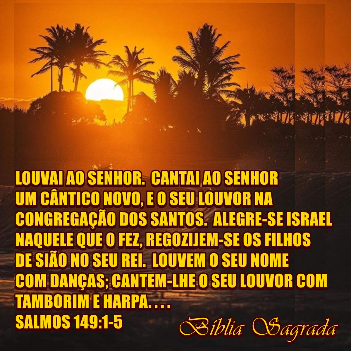 MittyVcCunha's tweet photo. LOUVAI AO SENHOR.  CANTAI AO SENHOR
UM CÂNTICO NOVO, E O SEU LOUVOR NA
CONGREGAÇÃO DOS SANTOS.  ALEGRE-SE ISRAEL
NAQUELE QUE O FEZ, REGOZIJEM-SE OS FILHOS
DE SIÃO NO SEU REI.  LOUVEM O SEU NOME
COM DANÇAS; CANTEM-LHE O SEU LOUVOR. . .
SALMOS 149:1-5 #VidaComCristo #Fé #Graça https://t.co/c2WUxaT7OX