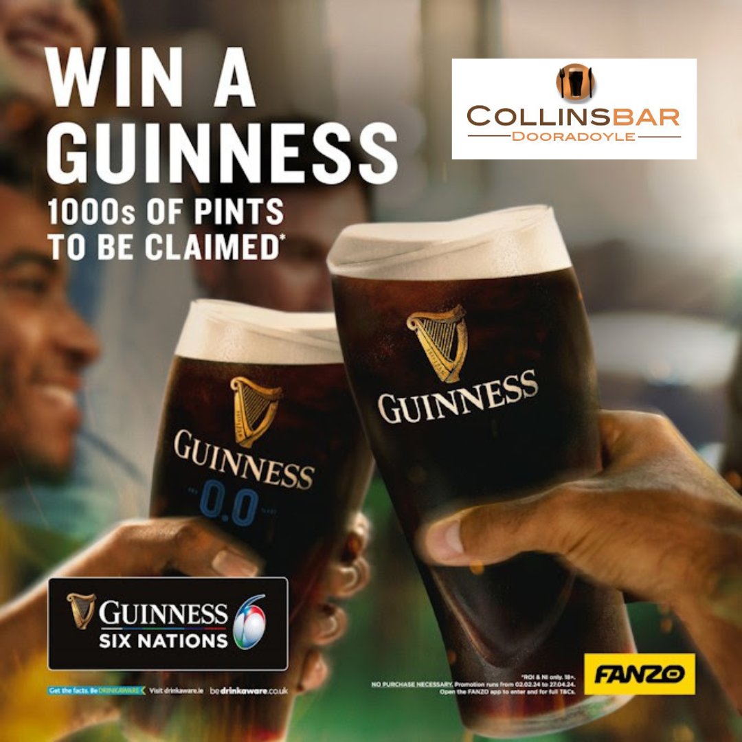 CollinsBarDoora's tweet photo. Fancy winning a free pint of Guinness?
We have teamed up with FANZO and Guinness for this year's Guinness Men's Six Nations and Guinness Women's Six Nations.
Play FANZO's brand new game any day between the 2nd of February - 26th of April for your chance to win.
#Fanzo #Promotion https://t.co/jNM25Cevdg