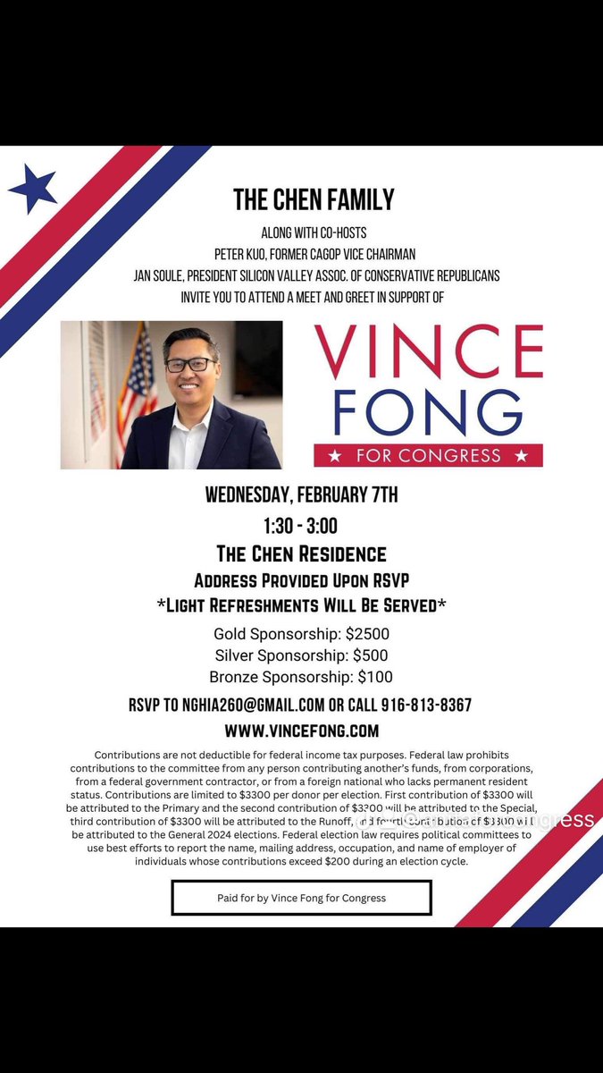 Welcome to Vince Fong fundraising party held at Anita Chen’s residence.  #anitaforcongress #conservatives #conservativewomen #californiadistrict17 #voiceforthevoiceless #policymaking #AlamedaGOP #SVGOP #CAGOP #CD17 #publicsafety #educationalfreedom #restorationhumandignity…