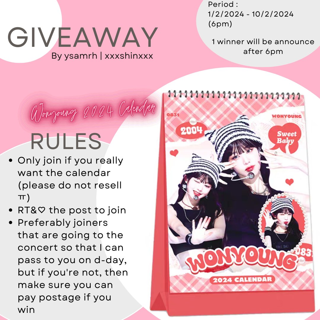 ysamrh's tweet image. Giveaway in celebration of &amp;lt;IVE SHOW WHAT I HAVE IN KL&amp;gt; 🩷

Refer picture on how to join!

Period : 1/2 - 10/2 6pm

Will be choosing winner from random generator ✨

#IVE  #아이브 #IVEinKL #IVEinMY
#SHOW_WHAT_I_HAVE #SHOW_WHAT_I_HAVE_IN_KL 
#IVE_WORLD_TOUR
