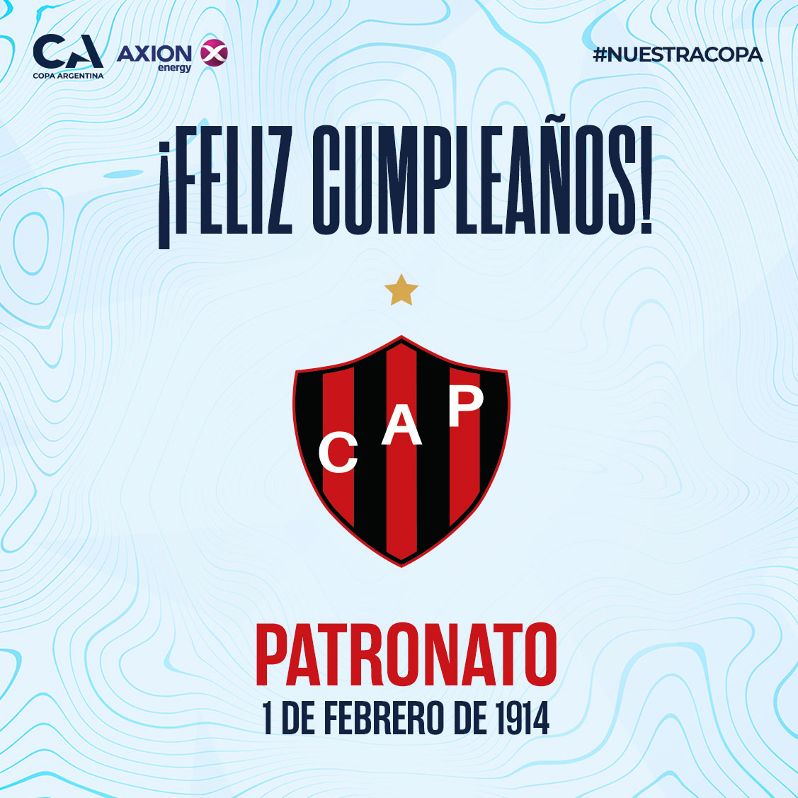 Copa_Argentina's tweet photo. ¡Saludamos a @ClubPatronatoOf por sus 1️⃣1️⃣0️⃣ años de vida! 🥳🌟

#CopaArgentinaAXIONenergy 🏆🇦🇷

#NuestraCopa 🙌 https://t.co/YRN4b7wSJE