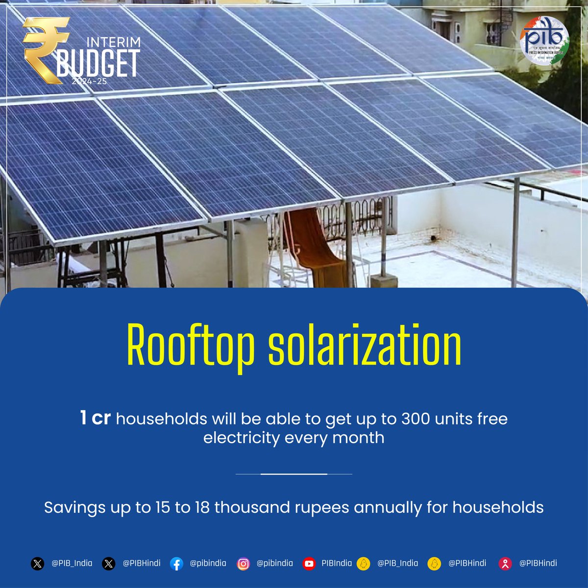 PIB_India's tweet photo. Rooftop Solarization

To enable One Crore households to obtain upto 300 units of free electricity every Month

🔹Savings up to fifteen to eighteen thousand rupees annually for households from free solar electricity and selling the surplus to the distribution companies

🔹Charging of electric vehicles

Read More: https://t.co/bL9QaOOw0M

#Budget2024 #ViksitBharatBudget