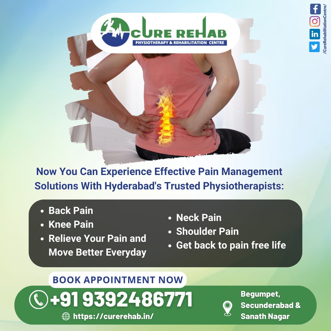 curerehabphysio's tweet photo. #CureRehab #PainManagement #PhysiotherapySolutions #BackPainRelief #KneePainSolution #NeckPainFree #ShoulderPainNoMore #HyderabadPhysiotherapy #BestPhysiotherapyCentre #TopPhysiotherapists #RehabilitationInHyderabad #MoveWithoutPain #PhysioExperts #PainFreeLife #TopPhysioFacility https://t.co/3rfmRaX0f9