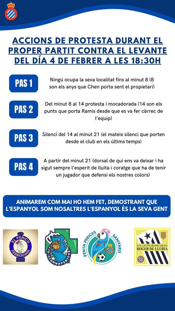 Se van uniendo a la propuesta de protesta del próximo domingo otros colectivos y peñas.
Ahora <a href="/PSanitaris/">Pericos Sanitaris</a> <a href="/rogerdelluria_/">ROGER DE LLÚRIA 🚌</a> y pericos ferroviarios.
👉 Protesta acaba en el min 21 y a partir de ahí ANIMAREMOS MÁS QUE NUNCA, demostrando q el #rcde es su afición y sin ella no hay nada