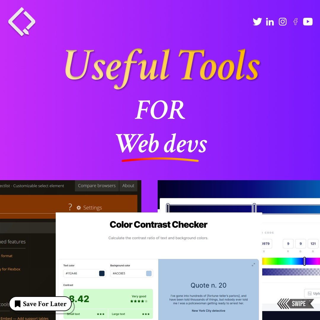qubycles's tweet image. "Elevate your web development game with these must-have tools! From code optimization to design finesse, these tools have got you covered. 💻✨ #WebDevEssentials #CodingMagic"
Follow us 👉 @qubycles
Visit Us:- qubycles.com
#qubycles #BeJobReady #css #coding #github