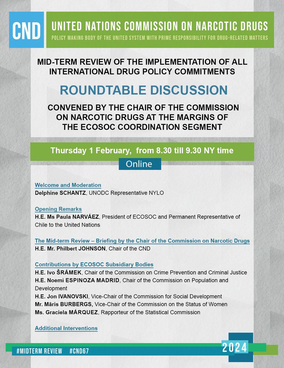 🌐 Join us for a roundtable discussion on the midterm review! As we prepare for #CND67, we want to foster collaboration among @UNECOSOC subsidiary bodies, including @UNStats, @UN_CSW, @CCPCJ, ... Let's work together for a better future.🤝#UNODC #DrugPolicy bit.ly/4bhFBiN
