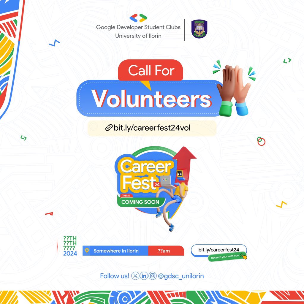gdgoc_unilorin's tweet photo. It’s  recruitment of volunteers  season🎉🎉

You've been anticipating this moment right, well here you go

This is our official call for volunteers for  #CareerFest24. 

Note: This will only be open for 24 hrs
Goodluck guys 🥰.

Apply now with this link:https://t.co/5hWi5pbEIR https://t.co/c4WiNfKpSu