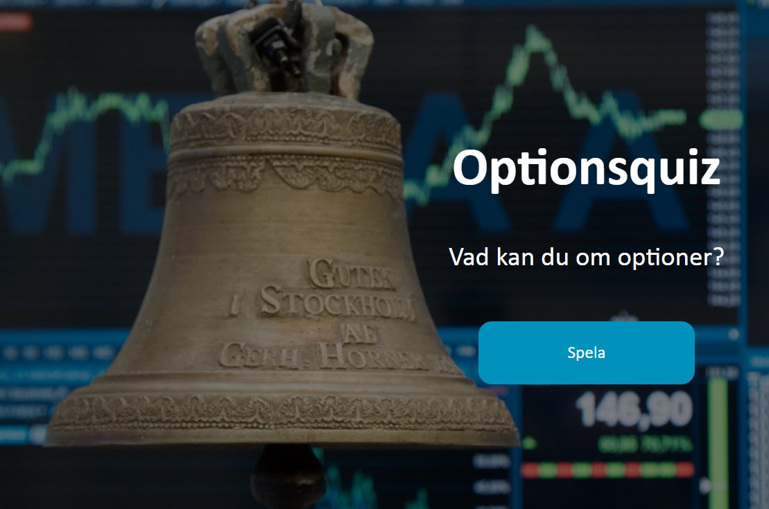 cbjorkegren's tweet photo. Testa vad du kan om optioner i vårt nya Optionsquiz. Du kan vinna en börslunch med oss på Nasdaq och en massa andra fina priser. 9 frågor på tid, man kan prova flera gånger. Vem kan mest - på minst tid? In och kör. 

https://t.co/3JiixAO3qK https://t.co/V1mCZYiXgG