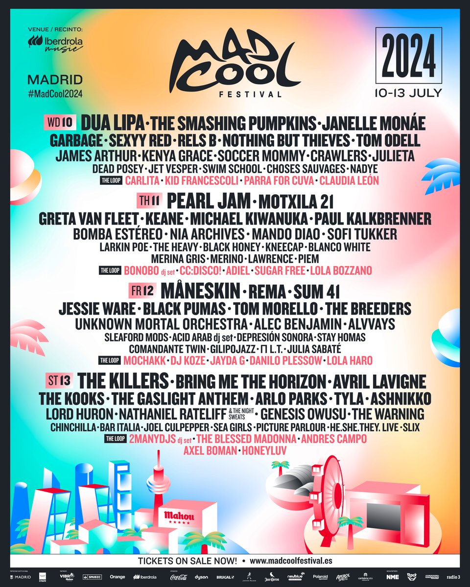 madcoolfestival's tweet photo. 💥 MAD COOL 2024 LINE UP CLOSED 💥 Who is ready for @thekillers @archives_nia  Maneskin @Tyllaaaaaaa  @heisrema  and many more? 🤩Tickets on sale at https://t.co/W29WjCwjPx https://t.co/6HutbAiWgN