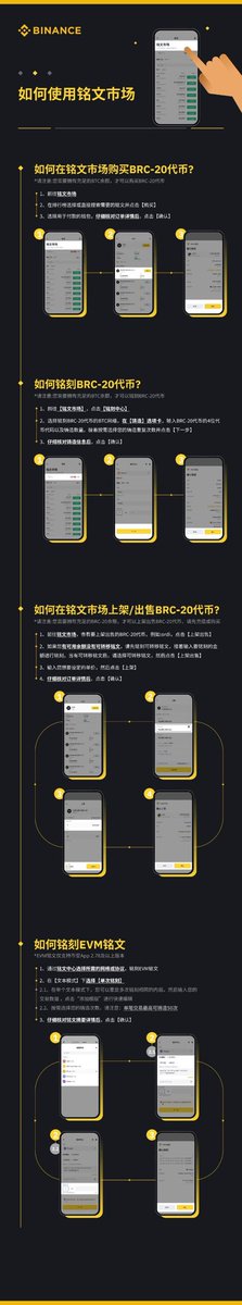 binancezh's tweet photo. 🚀币安铭文市场正式上线！支持BRC-20、EVM等多种铭文代币，登陆币安App即可轻松使用，铭文市场是币安Web3钱包发展蓝图中的新里程碑，欢迎大家体验币安铭文市场🙋

✅无限选择
✅轻松转账
✅极速交易

👇今天带你一图看懂币安铭文市场操作指南

#Binance #币安 https://t.co/A54WtFOM60