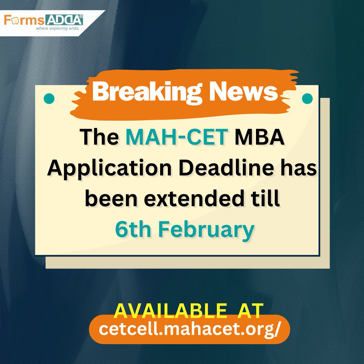 formsadda's tweet image. Don&apos;t miss out on the opportunity! The MAH-CET MBA application deadline has been extended until 6th February. 

#formsadda #MAHCET #MBA #DeadlineExtended #MBAAdmissions
(Feel free to connect on WhatsApp and get up to 80% off on Colleges Application Form wa.link/wb3nq8)