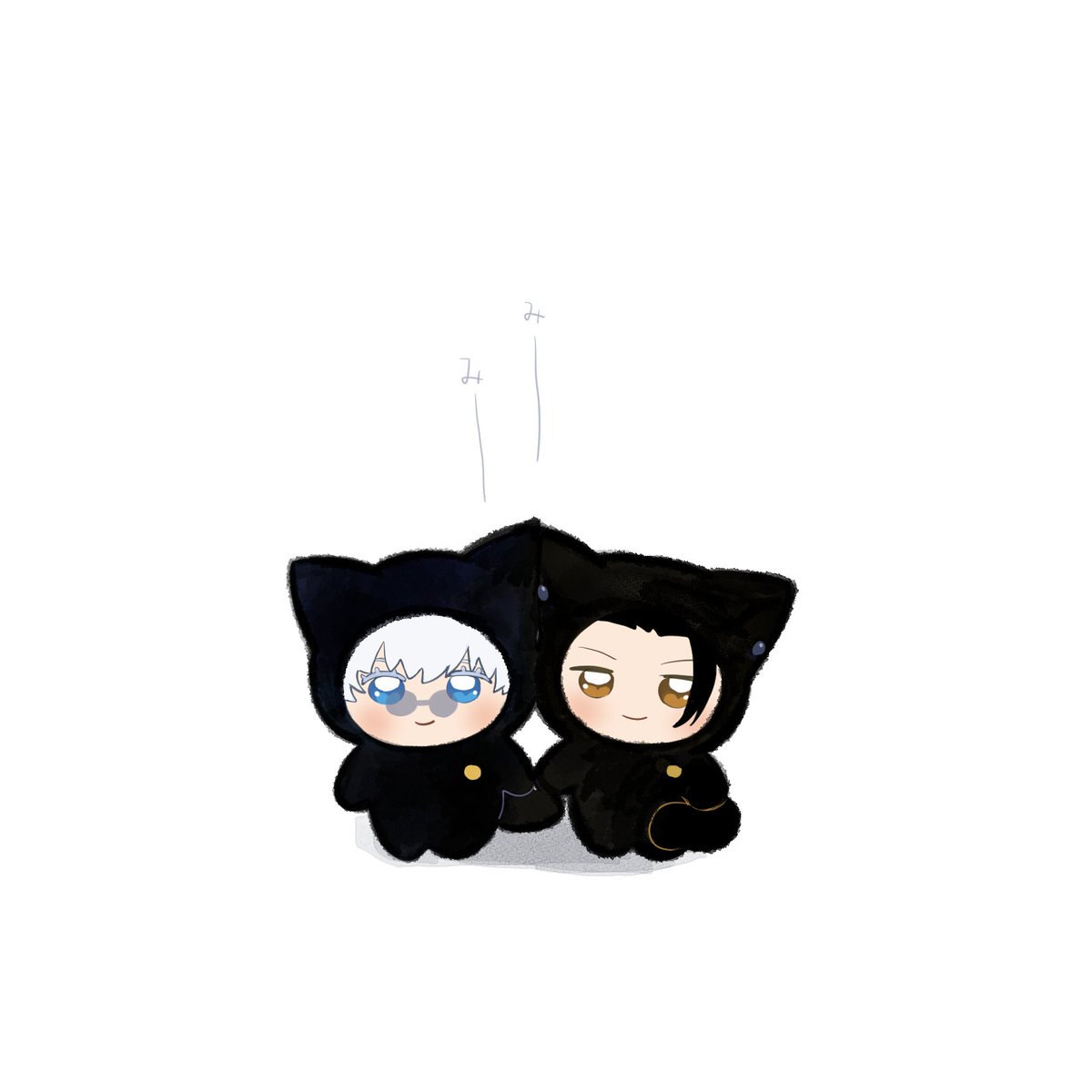 getou suguru ,gojou satoru blue eyes white hair black hair 2boys multiple boys chibi white background  illustration images