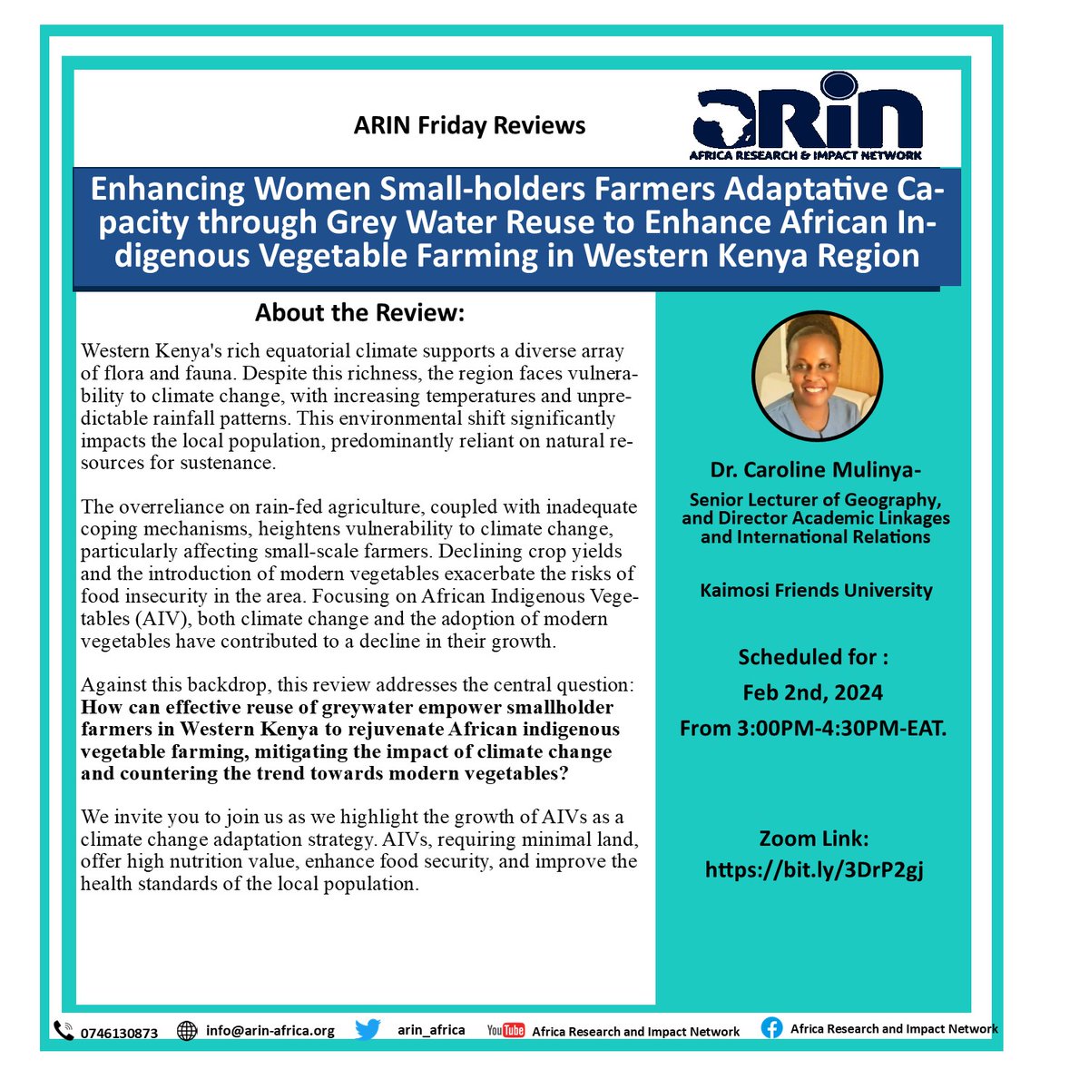 Africa, a continent rich in biodiversity, is at the frontline of #climatechange impacts. #Greywater reuse can be a game-changer for #smallholder farmers. Join our  #ARINFridayReviews for this insightful discussion on 
Feb 2,  from 3pm to 4.30pm
Link: shorturl.at/txDW3