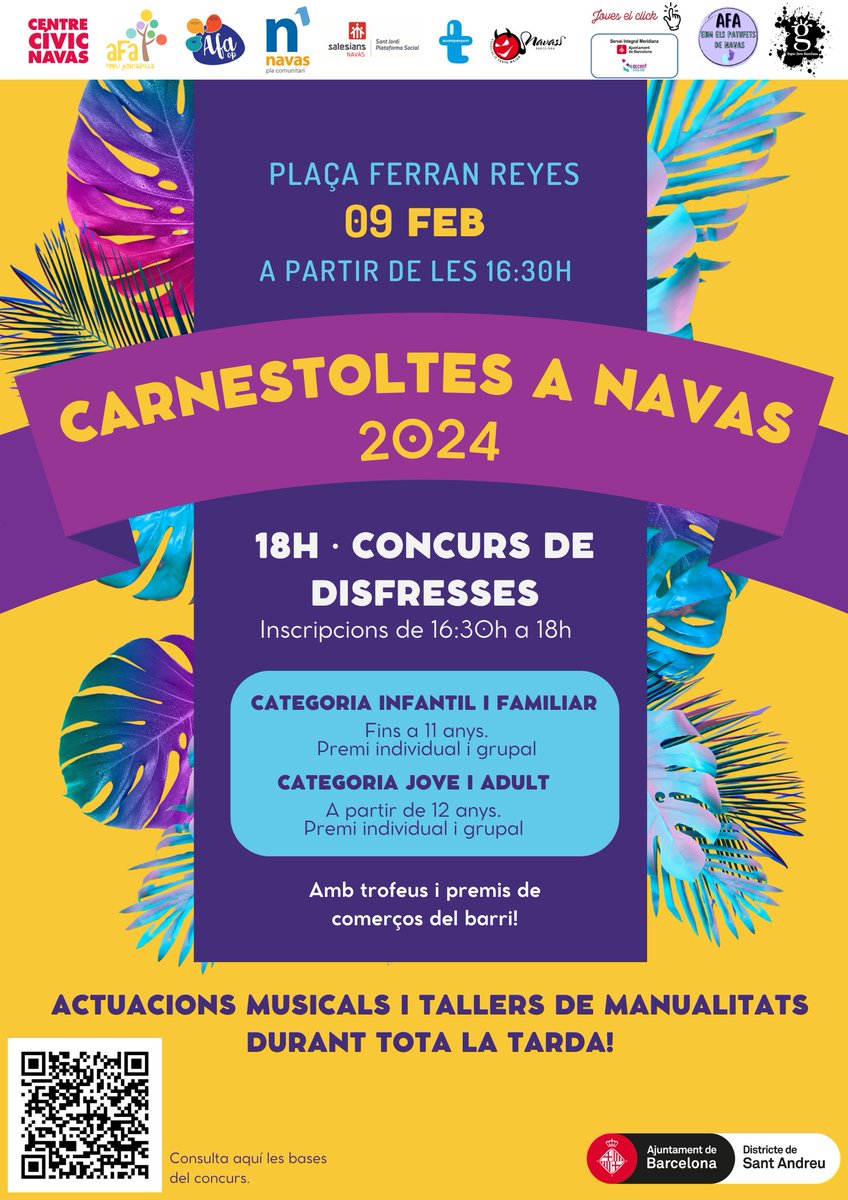 CC Navas (@navascc) on Twitter photo Vine a #Navas a celebrar el #Carnaval2024🥳
#tallers #xocolatada #concert amb Bolhas de sabao i concurs de disfresses!
🗓️9/02 a partir de les 16.30h
🚩Pl. Ferran Reyes
<a href="/pdcnavas/">Pla Comunitari Navas</a> <a href="/BCN_SantAndreu/">BCN_SantAndreu</a> amb l'EIM, l'AFA Emili Juncadella <a href="/AFAOctavioPaz/">AFA Octavio Paz</a> i l'IES Dolors Aleu <a href="/EJGarcilaso/">Espai Jove Garcilaso</a> Vine a #Navas a celebrar el #Carnaval2024🥳
#tallers #xocolatada #concert amb Bolhas de sabao i concurs de disfresses!
🗓️9/02 a partir de les 16.30h
🚩Pl. Ferran Reyes
<a href="/pdcnavas/">Pla Comunitari Navas</a> <a href="/BCN_SantAndreu/">BCN_SantAndreu</a> amb l'EIM, l'AFA Emili Juncadella <a href="/AFAOctavioPaz/">AFA Octavio Paz</a> i l'IES Dolors Aleu <a href="/EJGarcilaso/">Espai Jove Garcilaso</a>