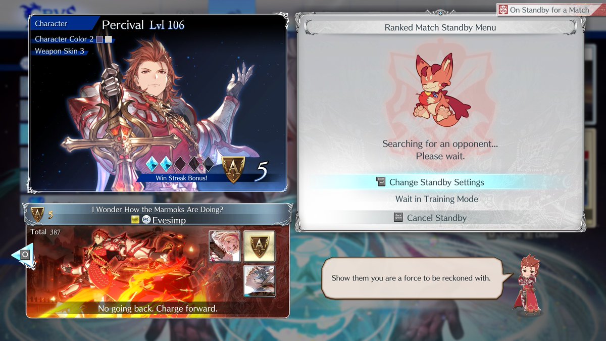 It took me a long while. But I did it. I may lost the orange mark but I officially made it to A5 with Percival! 

I used to always put 'Please go easy on me' in my profile, but I changed it to 'No going back. Charge forward.' as a way of saying I'm done running away. #GBVSR_PE