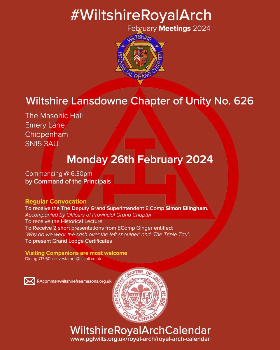 #WiltshireRoyalArch Meetings-February-2024. Wiltshire Lansdowne Chapter of Unity No. 626. Monday 26th February @ 6.30pm. The Masonic Hall, Emery Lane, Chippenham SN15 3AU. Visiting Companions are most welcome #RoyalArch <a href="/wiltspgl/">Wiltshire Freemasons</a> @pgcWiltshire