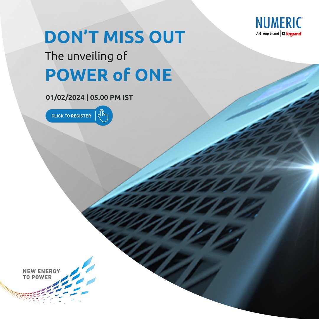 🚀 Excitement is building up! #PowerOfOneLaunch 🚀
Get ready for a virtual experience like never before! Join us as we launch the new chapter of #PowerofOne. 🌟
🗓Date: 01 February 2024
🕔Time: 05:00 PM IST
👉Click to join - bit.ly/3UcQc8x
#NumericUPS #NewEnergyToPower