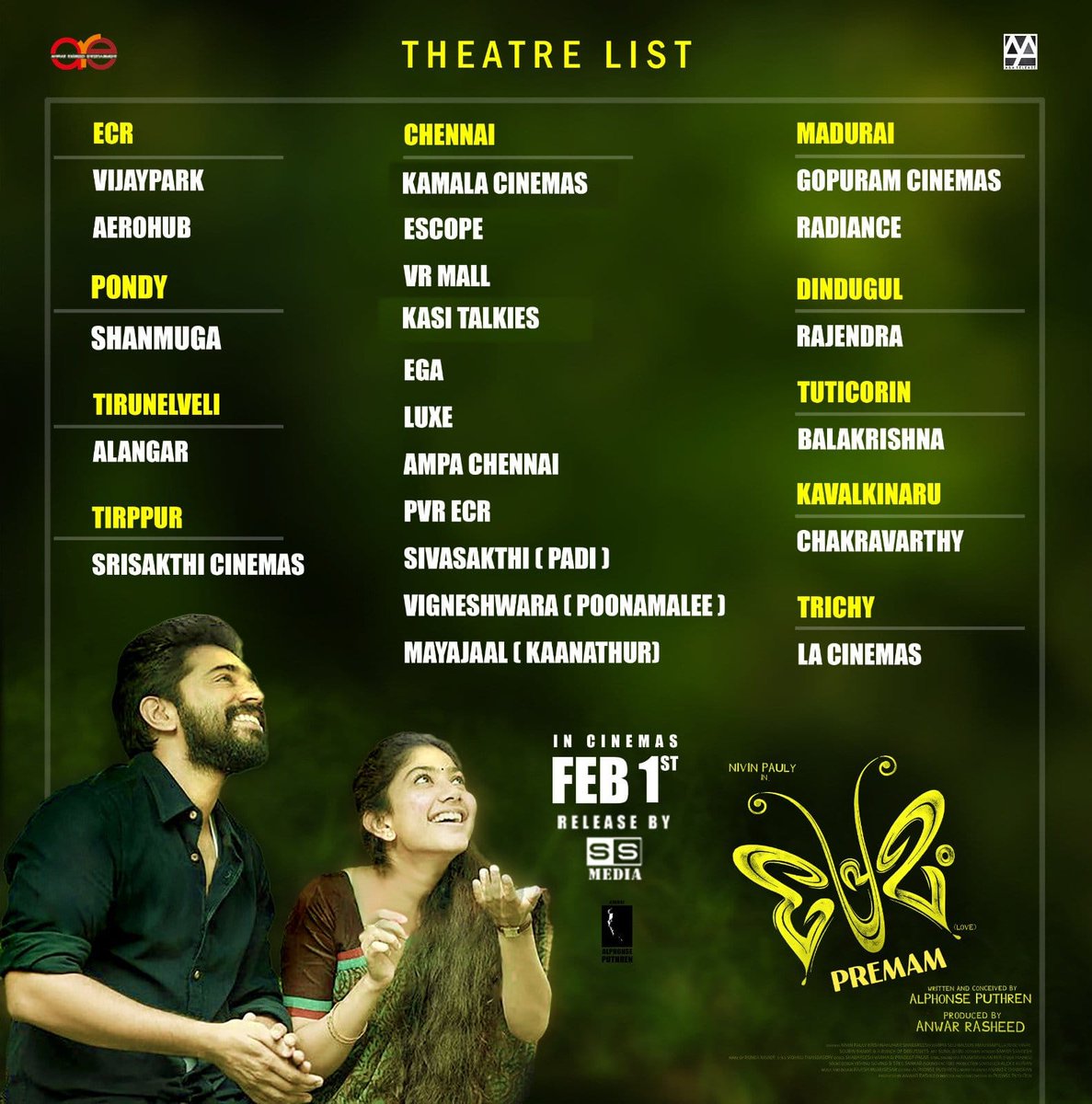 shaanz20's tweet photo. Here is the Theatre List of #Premam !! More Theatres to be Added !! Re-Releasing in Tamilnadu ✨🦋
#NivinPauly #24HoursNivinsMalappuram https://t.co/XGwSgdTxV7