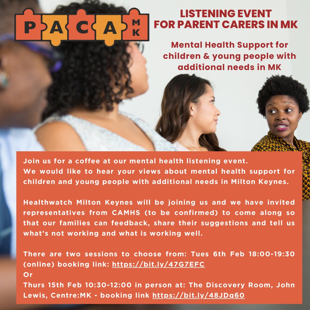 Our next Listening Event for parent carers in MK will be about mental health support for children/young people with SEND. Please chose from
Tues 6th Feb 18:00-19:30 (online) bit.ly/47G7EFC
OR
Thurs 15th Feb 10:30-12:00 (in person):  bit.ly/48JDq60