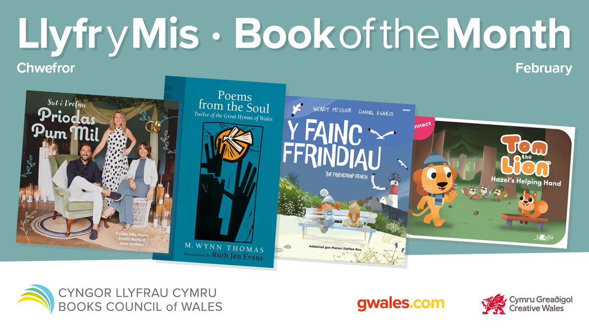 ♥️ reading? Love our February Books of the Month. 

🔹Sut i Drefnu Priodas Pum Mil - Trystan Ellis-Morris, Emma Walford, Alaw Griffiths
🔹Poems from the Soul - M. Wynn Thomas
🔹Y Fainc Ffrindiau - Wendy Meddour
🔹Tom the Lion: Hazel's Helping Hand - John Likeman

#ChooseBookshops