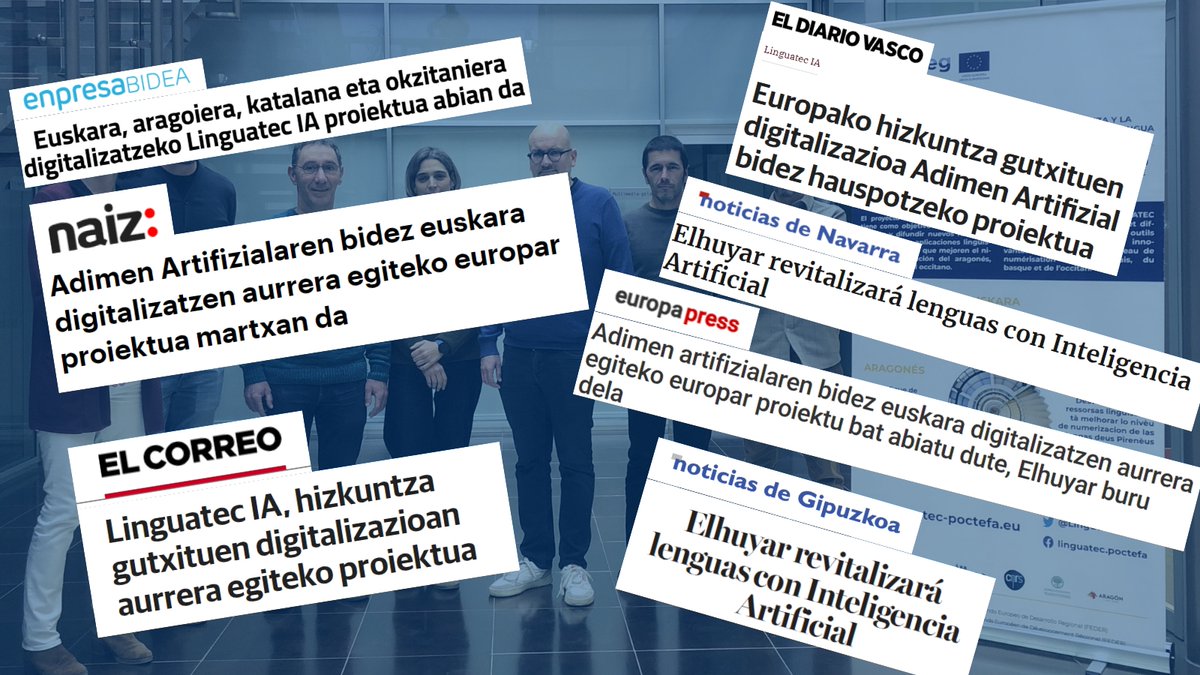 📢#LinguatecIA proiektuaren abiatzeak oihartzun handia izan du hedabideetan

🎯 Adimen artifizialaren bidez, euskararen, katalanaren, aragoieraren eta okzitanieraren digitalizazioan aurrera egitea da helburua

Informazio gehiago 👉orai.eus/eu/bloga/lingu…

<a href="/Elhuyar/">Elhuyar</a>