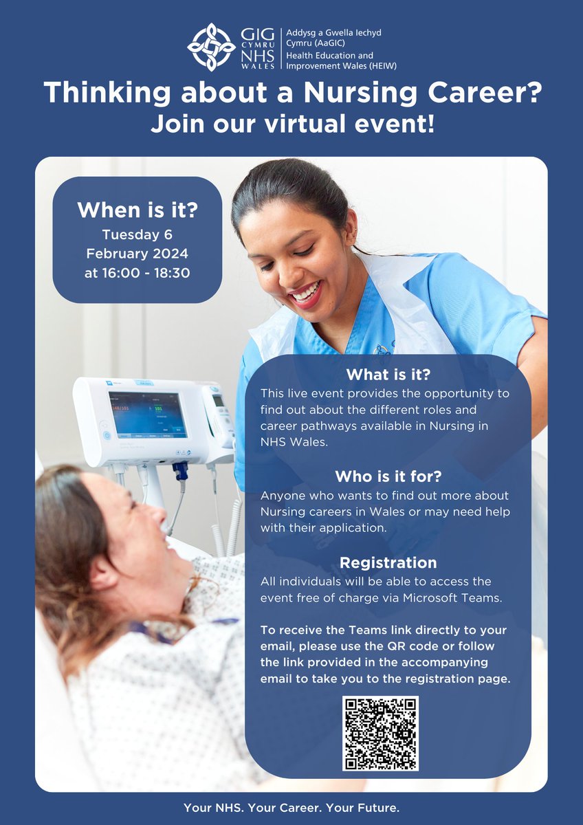 Thinking about a nursing career? This virtual event provides the perfect opportunity to find out about the different roles and career pathways available in Nursing in NHS Wales. 👇