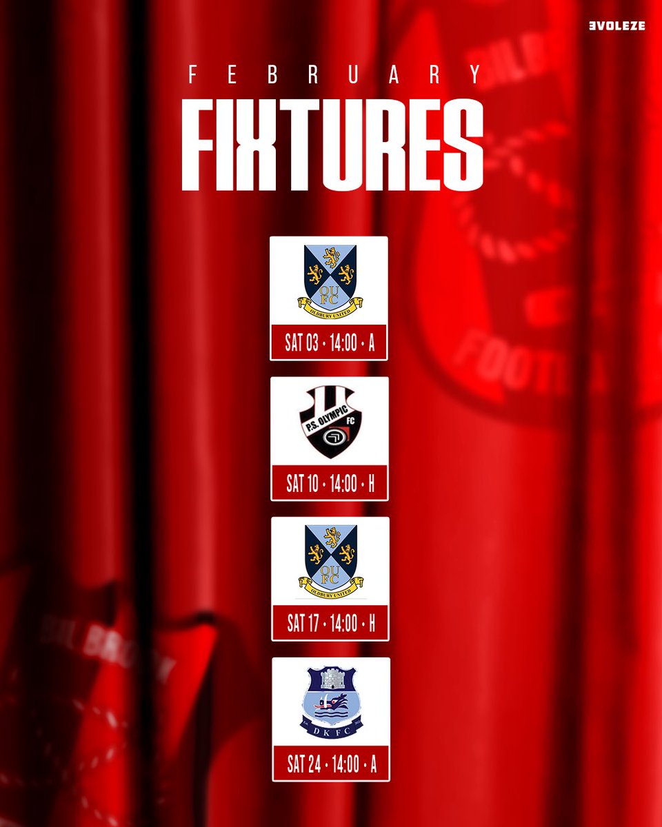 FIXTURES UPDATE | ⚫️🔴

Our 1st Team face a tough February with two league games against @OldburyUnitedFC who sit 2nd in the able, plus two vital games against @psolympicfc and Dudley Kingswinford 🔴⚫️