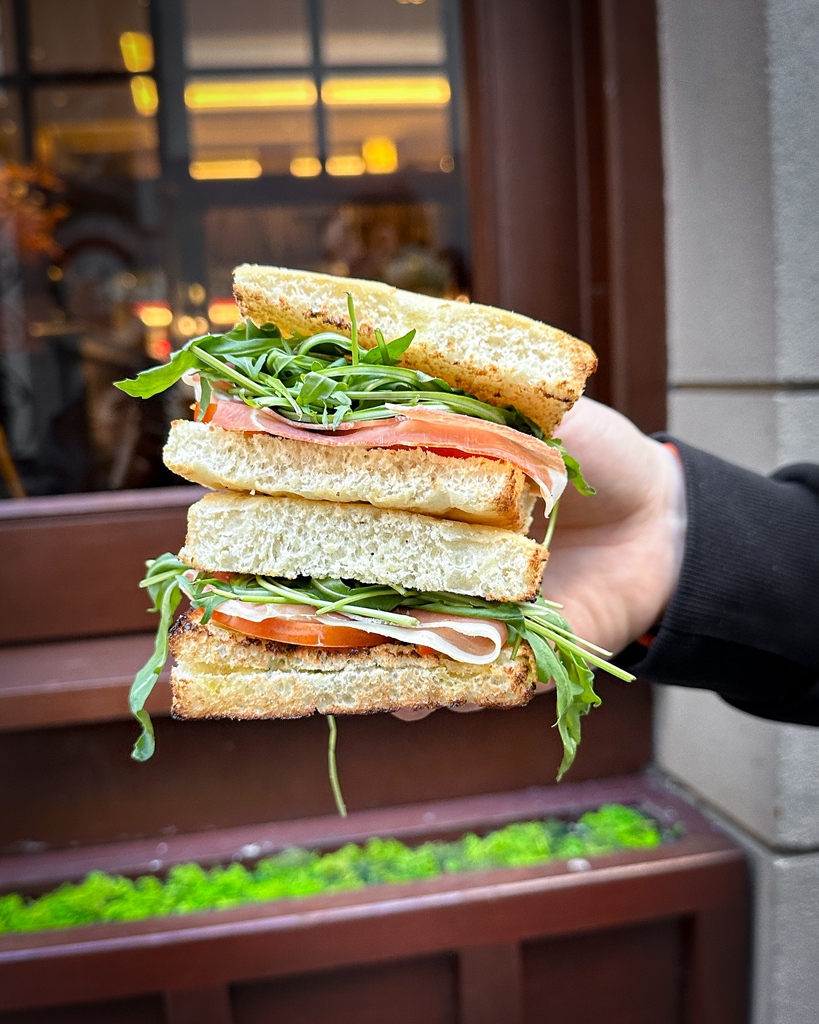 Tricolore Sandwich - stacked with Parma ham, buffalo mozzarella, rocket, and a generous smear of pesto on fresh focaccia 🥪 😋⁠
⁠
Available every day from 12:30 pm.⁠
⁠
#SandwhichLovers #BewleysGraftonStreet #DublinRestaurants #DublinFood #DublinEats