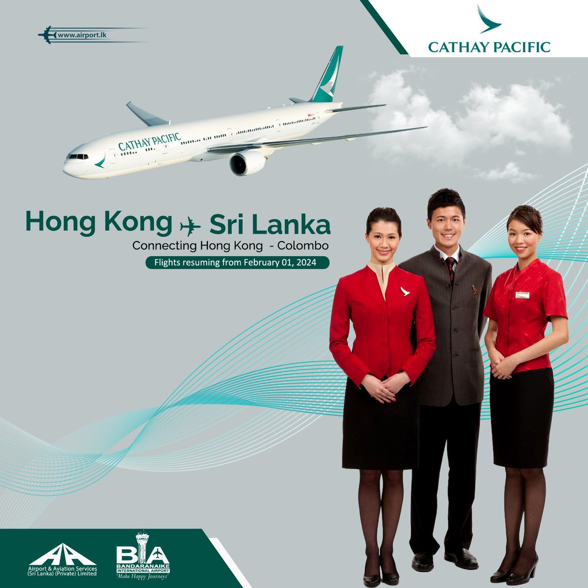 Exciting news! It’s lovely to see @cathaypacific back in Sri Lanka! Cathay Pacific is back in action at BIA with three weekly flights between Hong Kong (HKG) and Colombo (CMB). #SriLankaAirports #BIAsrilanka