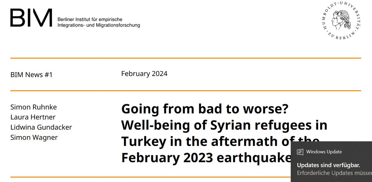 BIM (@bim_hu_berlin) on Twitter photo Simon Ruhnke & Laura Hertner from #TRANSMIT <a href="/BIM_HU_Berlin/">BIM</a> published #BIMNews #1 together with Lidwina Gundacker& Simon Wagner @IAB on the #Well-being of Syrian #refugees in #Turkey in the aftermath of the February 2023 #earthquakes.1/6🧵
👉 hu.berlin/63888 Simon Ruhnke & Laura Hertner from #TRANSMIT <a href="/BIM_HU_Berlin/">BIM</a> published #BIMNews #1 together with Lidwina Gundacker& Simon Wagner @IAB on the #Well-being of Syrian #refugees in #Turkey in the aftermath of the February 2023 #earthquakes.1/6🧵
👉 hu.berlin/63888