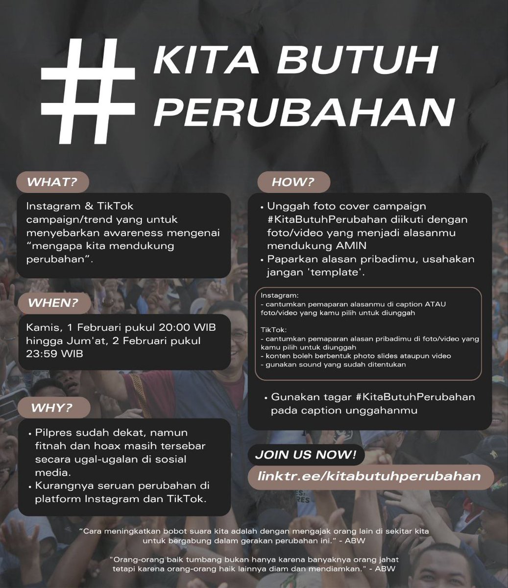 Indonesia butuh kita, dan kita butuh perubahan 💥
#KitaButuhPerubahan 🗣
D-13 until pilpres 2024, let's go ambil posisi untuk mencerdaskan bangsa ini

🔗 linktr.ee/kitabutuhperub… 

Let's make it trend 🔥