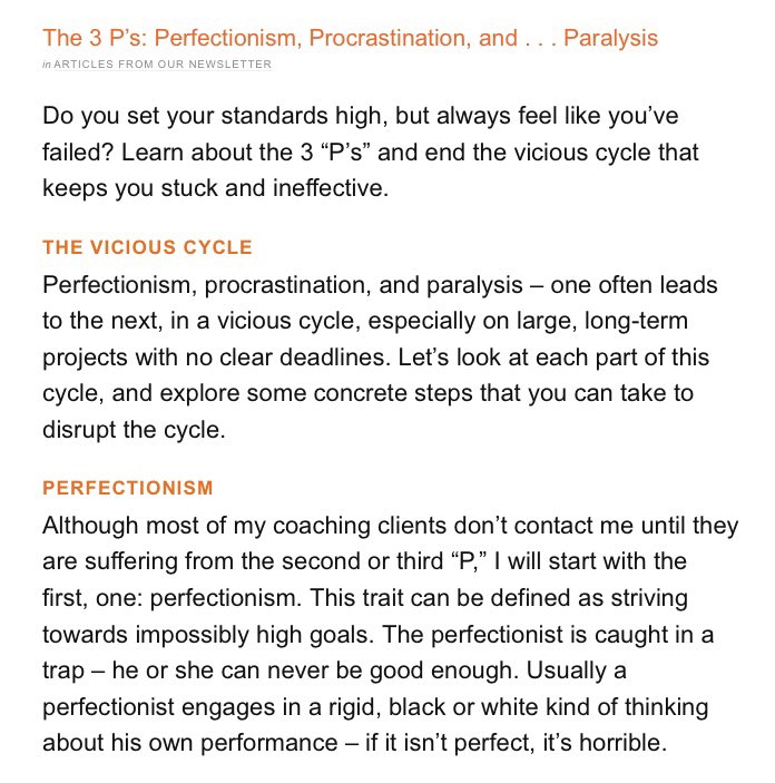 Interesting reading on the cycle of perfectionism – procrastination – paralysis. “The criticism you hear from that inner critical audience slows you down, and interferes with your thinking process.” academicladder.com/the-3-ps-perfe…